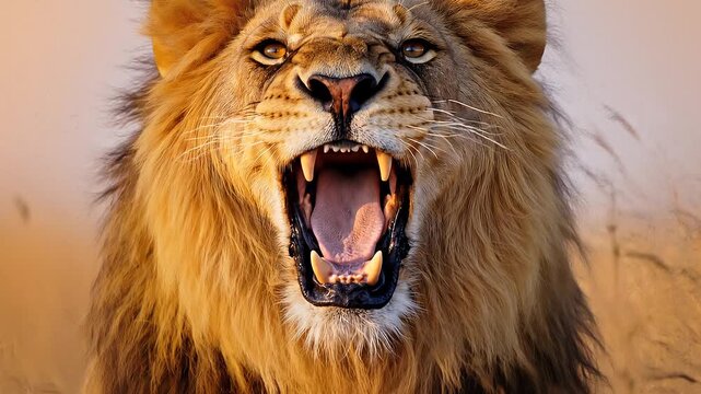 Majestic male lion portrait, staring with intense, amber eyes, roaring. Thick, golden mane glows in the warm, soft light of the savanna dry grasses background