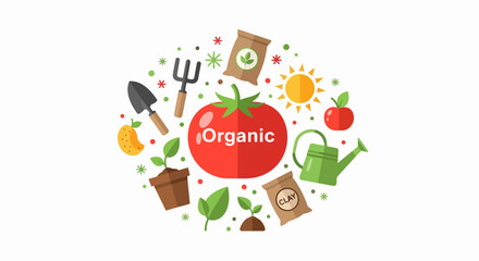 Fototapeta premium Organic Gardening and Sustainable Farming Flat Illustration Concept with Tomato, Tools, and Plants on White Background