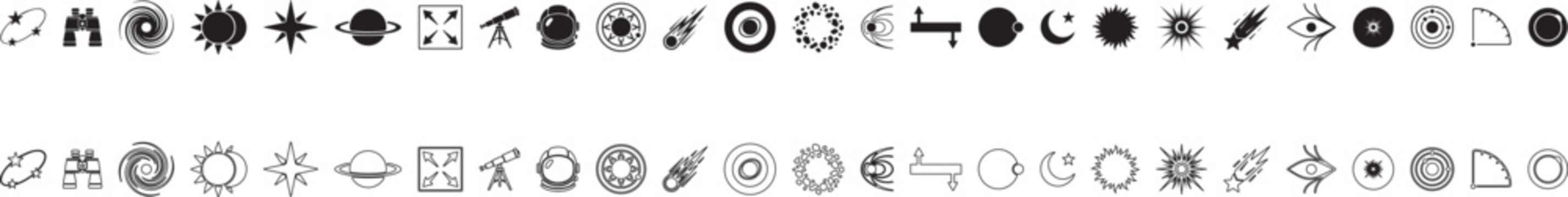 Astronomy and cosmic phenomena vector icon set, minimalist vector symbols of planets, stars, orbits, telescopes and space physics.
