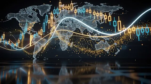 Global financial market data visualization with world map.