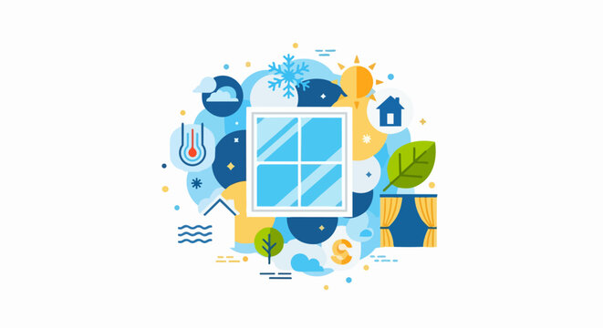 Energy Efficient Window Concept Illustration featuring Icons for Home Insulation, Climate Control, and Sustainable Eco-Friendly Living