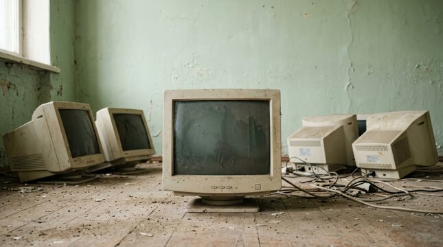 Abandoned old computer monitors on floor in desolate room. Broken electronics and dusty vintage technology left in neglected building. Concept of digital waste and e-waste disposal.