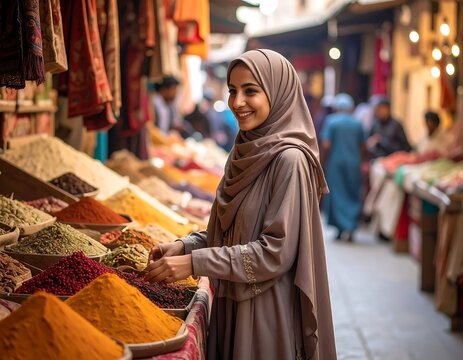 Smiling Young Woman in Hijab Browsing Colorful Spices in Busy Outdoor Market