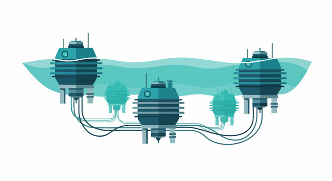 Futuristic Subsea Data Center and Wave Energy Power Plant Vector Illustration. Sustainable Ocean Technology and Blue Economy Infrastructure Concept.