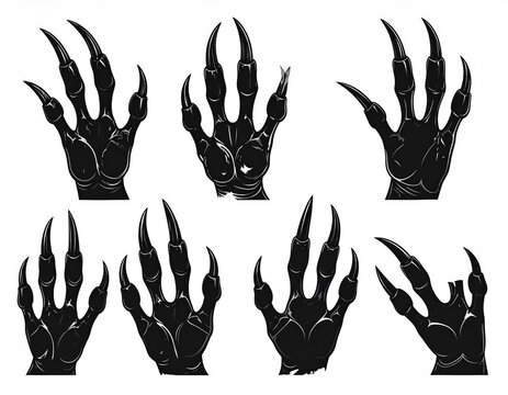 A collection of seven stylized, black, monstrous, sharp-clawed hands