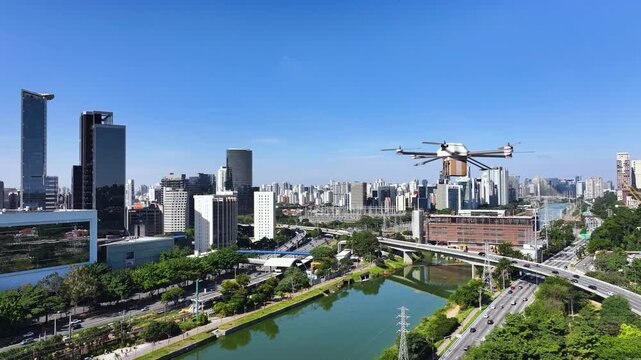 Delivery drone flying over S&atilde;o Paulo skyline and Pinheiros River, showcasing urban logistics, smart mobility and future transportation.