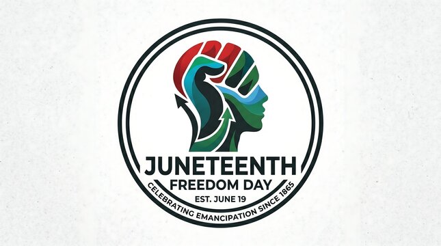 Juneteenth Freedom Day emblem with raised fist and profile silhouette, celebrating emancipation since 1865, black power and African American heritage logo