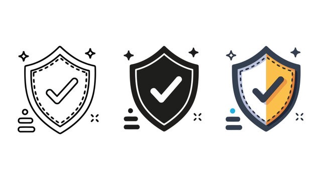 Shield with checkmark vector icon set in outline solid and flat styles