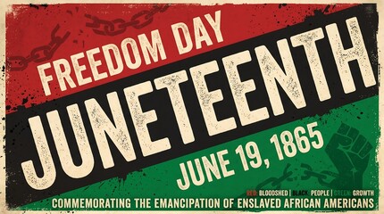 Fototapeta premium Vintage Juneteenth Freedom Day poster, retro June 19 1865 emancipation commemorative banner, Pan-African colors with broken chains and raised fist
