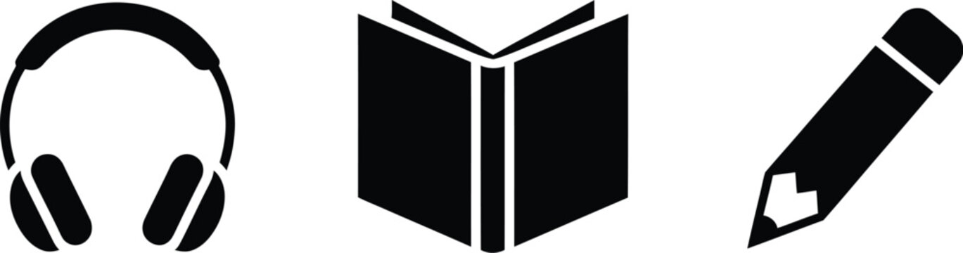 Listening reading, writing icons set, educational symbols for communication learning literacy study skills and academic development concepts.