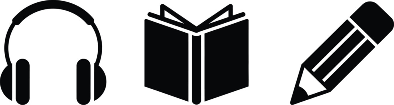 Listening, reading writing icon set, communication and education symbols representing language learning literacy and knowledge skills.
