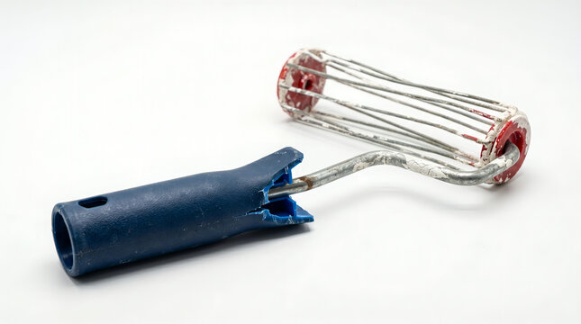 Broken paint roller frame with a snapped plastic handle on a white background