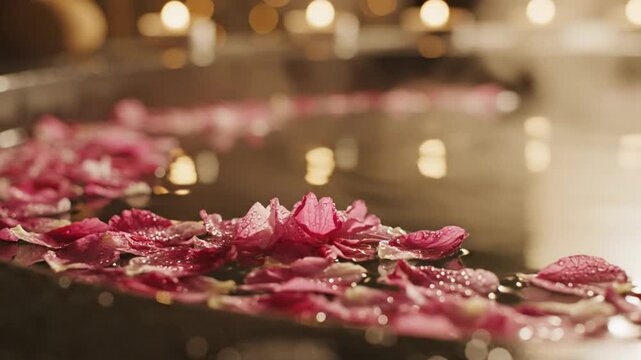 Pink rose petals with water droplets floating on the dark surface of a calm pool, background featuring warm out-of-focus candlelight bokeh in a luxury wellness spa setting.