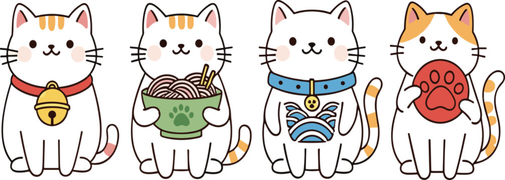 Cute Kawaii Cat Vector Illustration Set with Lucky Bell Noodles and Paw Print Characters for Kids Sticker and Nursery Design