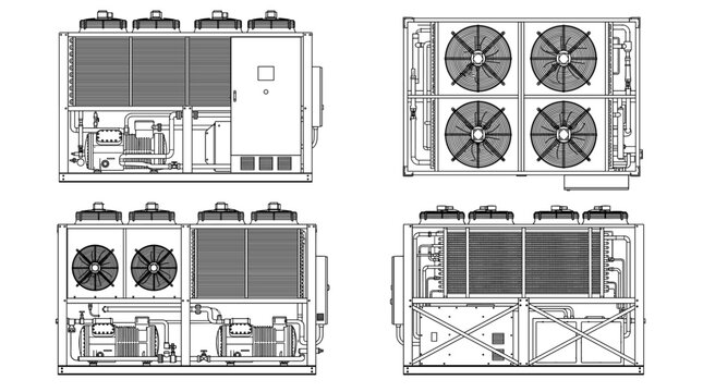 Air cooled chiller industrial cooling system technical drawing blueprint with front side back and top views CAD line art vector illustration