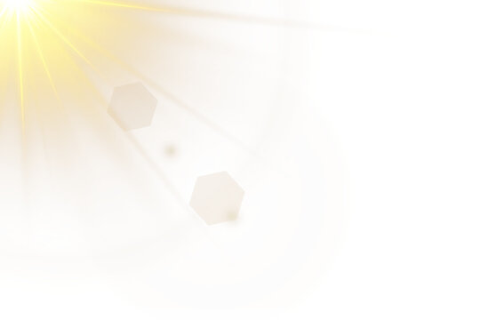 Realistic golden lens flare effect PNG. Sunlight special flash with shining sun rays and abstract bokeh design element.