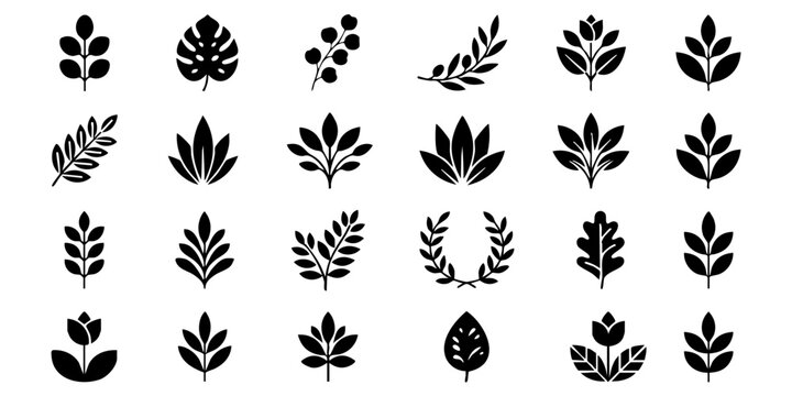 Various black leaf silhouettes arranged on a white background for illustration