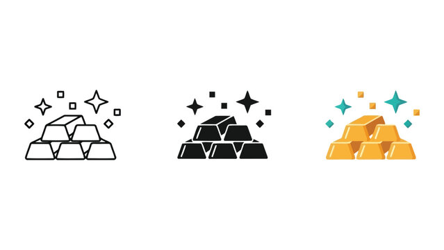 Gold bars stack vector illustration set in line art solid and flat styles