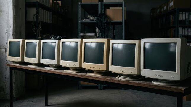 Row of old retro computers with cathode ray tube displays arranged on a wooden table. Vintage office technology equipment from the nineties. Concept of outdated hardware and tech history.