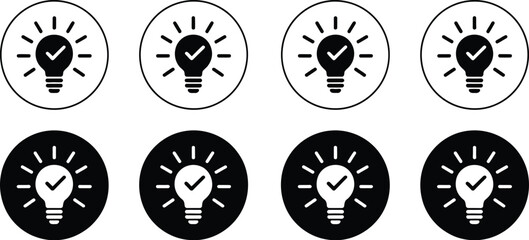 Light, bulb icon set, idea symbols with check marks representing approval creativity innovation success and solution concepts. © Eva Elrod
