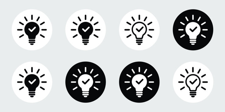 Light bulb, icons set, approved idea symbols with check mark representing innovation thinking validation and successful solution concepts.