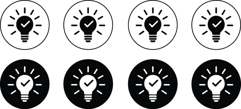 Light, bulb icon set, idea symbols with check marks representing approval creativity innovation success and solution concepts.