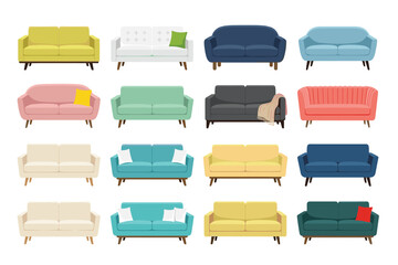 Modern sofa and couch vector illustration set. Colorful living room furniture, cushions, blankets, Scandinavian style armchairs, interior decor icons and lounge seating element collection. © Mahamuda Studio 
