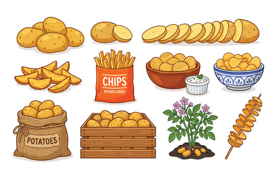 Potato food and agriculture vector illustration set. Raw potatoes in sack, wooden crate, sliced pieces, french fries packet, crispy chips bowls and tornado potato.
