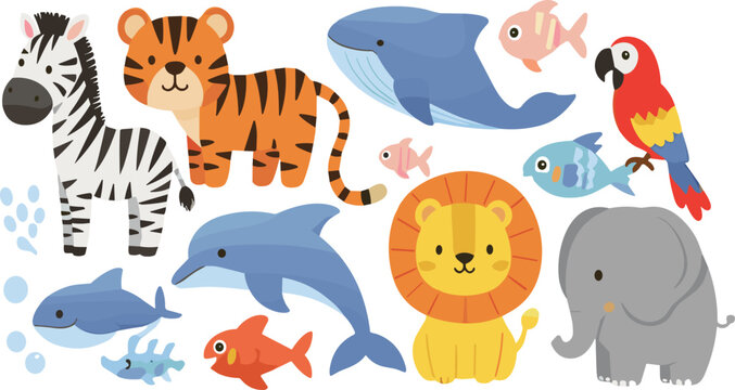 Cute wild animal collection vector illustration featuring zebra tiger whale dolphin lion elephant parrot and colorful cartoon wildlife characters