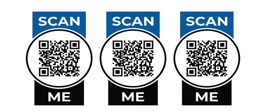 Scan me QR code vector label set. Circular digital barcodes, blue and black banners, mobile scanner elements and smart technology identification graphics.