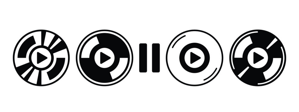 Music player icon vector set. Vinyl record disc, compact compact disc, audio track play symbol, pause button, sound media element and minimalist interface design.