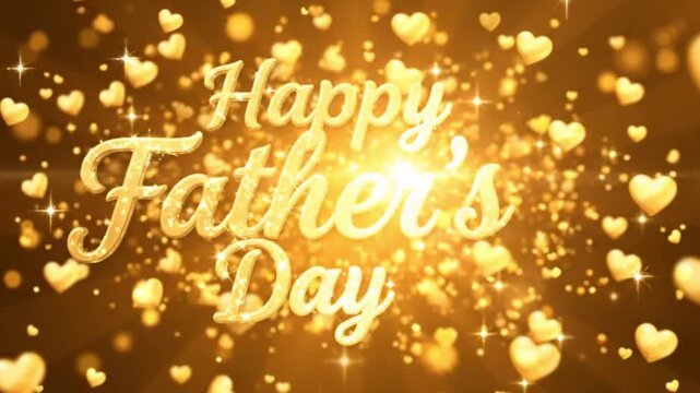 Happy Father's Day golden greeting animation, elegant gold hearts and sparkling particles background, festive Father's Day celebration video