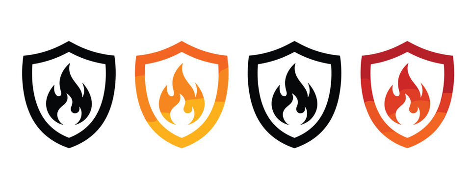 Fire shield icon vector set. Safety badge with flame, security protection, orange gradient, red color variation and black flat line art.
