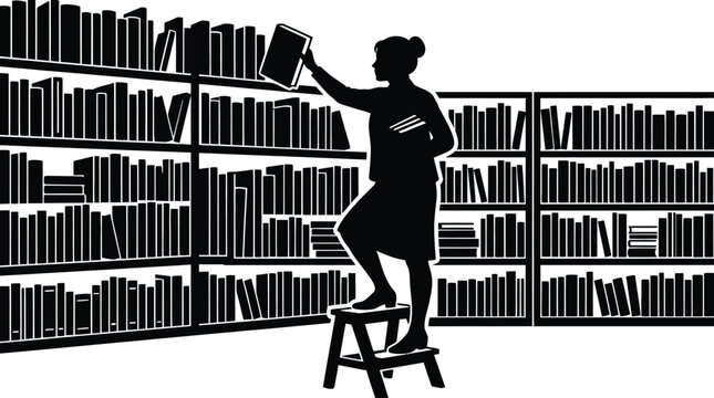 Librarian standing on step stool organizing books on high shelf with librarian bookshelf climbing