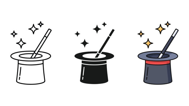 Magic hat and wand vector illustration set with sparkling stars
