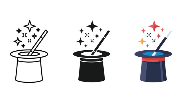 Magic hat and wand vector illustration set with sparkles