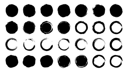 Fototapeta premium Black ink brush stroke circles and rings set with hand-drawn grunge textures for artistic graphic design elements