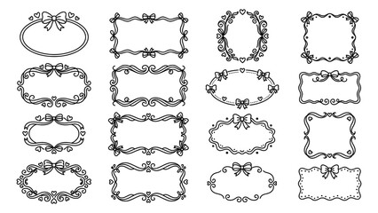 Decorative hand drawn frame vector set with bows hearts and swirls for wedding invitations labels and greeting cards © Artastic