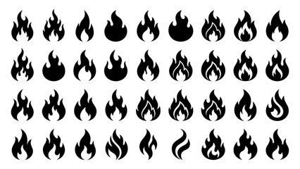 Obraz premium Fire flame icon set with various black silhouette shapes for graphic design and logo creation vector