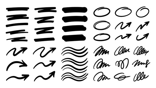 Black hand drawn marker strokes arrows circles and scribbles vector set for highlighting and graphic design elements