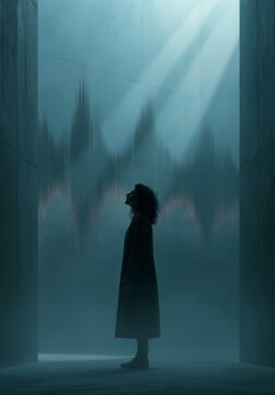 A poetic conceptual image of schizophrenia. A lone person, trapped in a moody minimalist space, listens intently to invisible, oppressive auditory hallucinations and obsessive inner voices, symbolizin