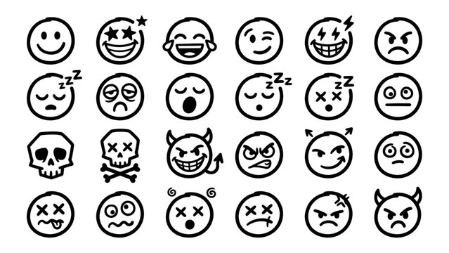 Hand drawn emoticon icon set with various facial expressions and doodle style emoji characters for social media and messaging