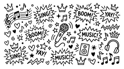 Hand drawn music doodle collection with microphone headphones musical notes and comic speech bubbles for creative design © Artastic