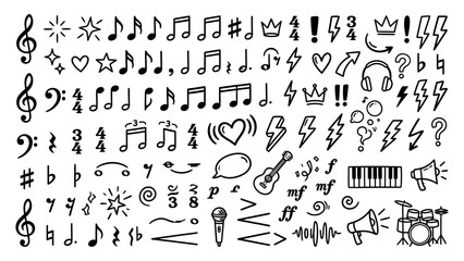 Hand drawn music icons and symbols doodle set with musical notes instruments clefs and decorative elements vector © Artastic