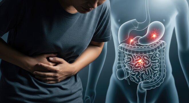 A person experiencing severe abdominal pain and digestive discomfort, with an internal human anatomy revealing inflammation, a medical concept depicting intestinal disease