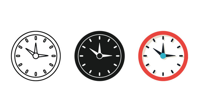 Set of three wall clock icons in line art solid black and flat color styles