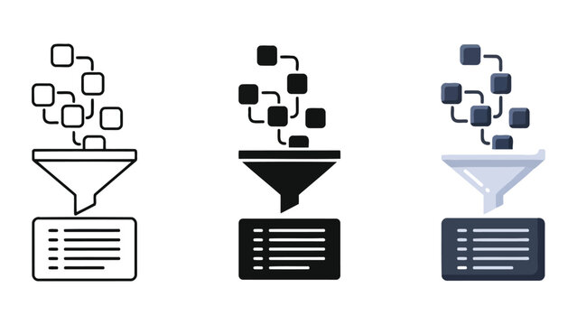 Data filtering vector illustration set with funnel and information processing icons