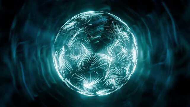 Seamless loop animation of bright ethereal sphere with glowing energy trails and holographic clouds. Dynamic plasma orb background for science, technology, art and spiritual visualization. 4K 60fps