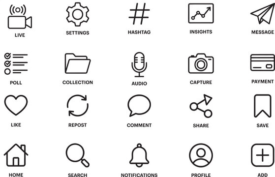 Like, Repost, comment share save vector icon set. Site navigation symbol. Social media web linear sign