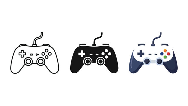 Video game controller vector illustration set in line art silhouette and flat style